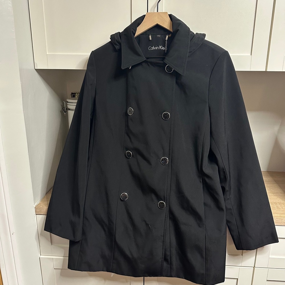 Calvin Klein Double Breasted Hooded Pea Coat Womens M Black Rain Trench Layering